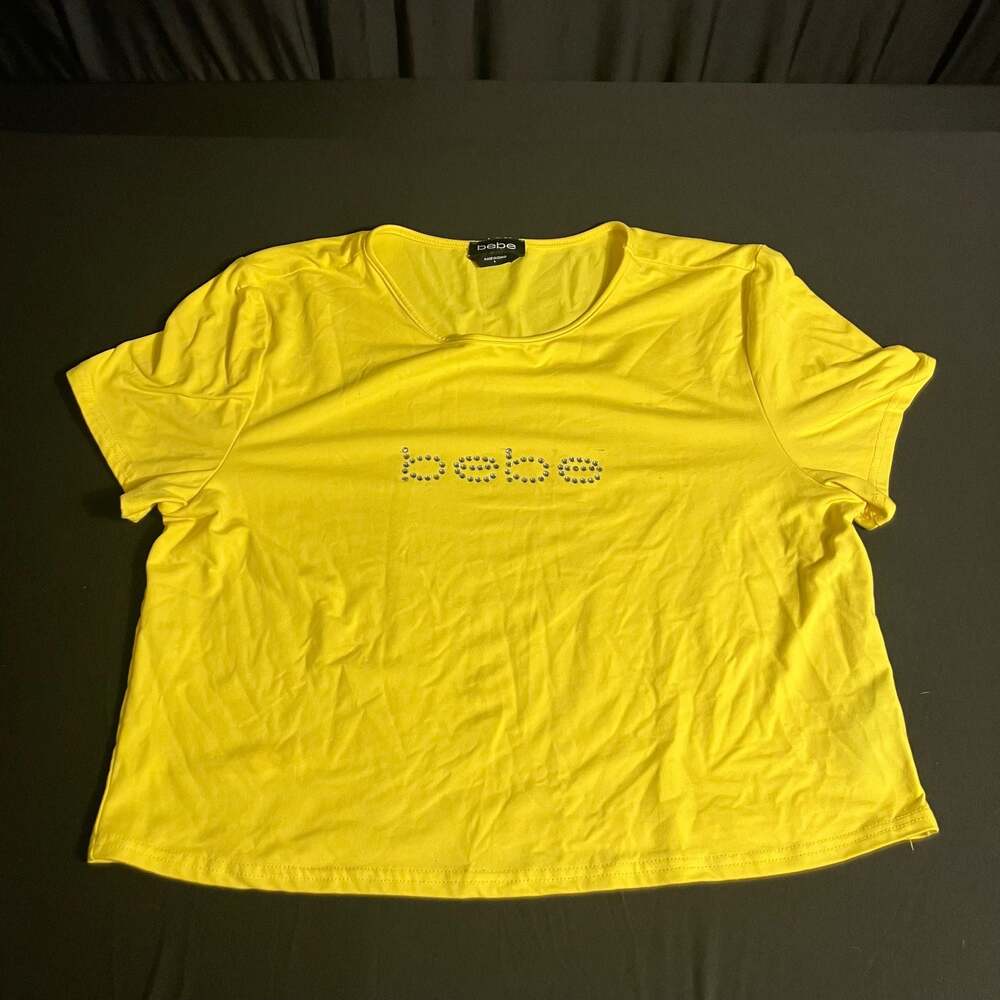bebe Yellow Rhinestone Logo Short Sleeve T-Shirt